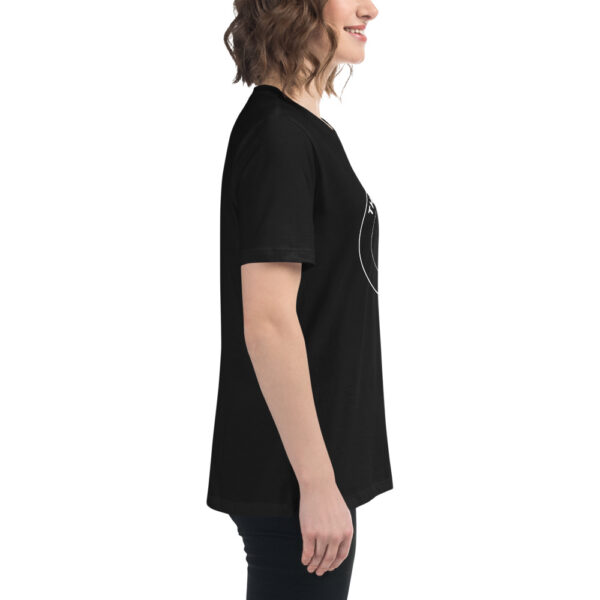 a woman wearing a black t - shirt with a pocket