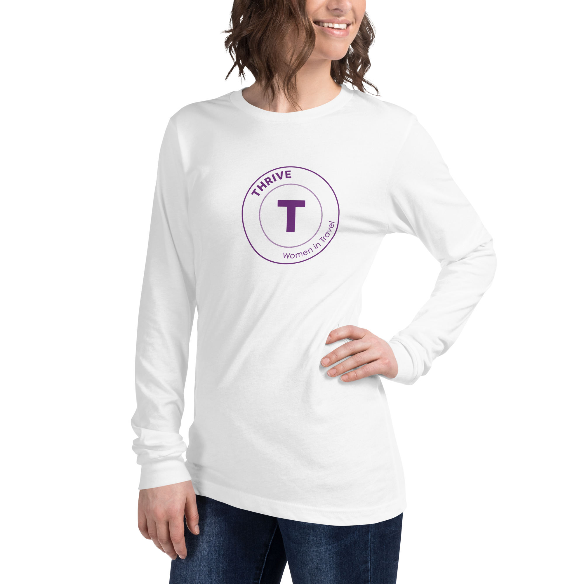 a woman wearing a white t - shirt with a purple t on it